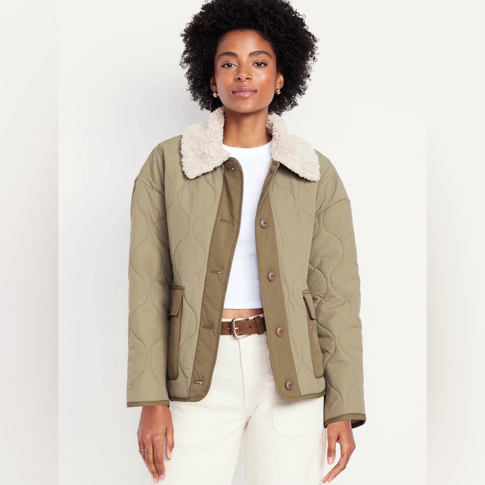 Old Navy Sage Green Quilted Nylon Jacket with Faux Sherpa Collar